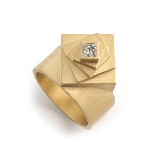 Rotated square ring with ethical princess cut diamond