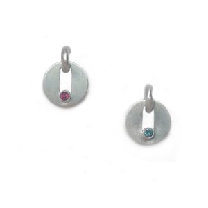 Reversible silver earrings with teal and pink gems